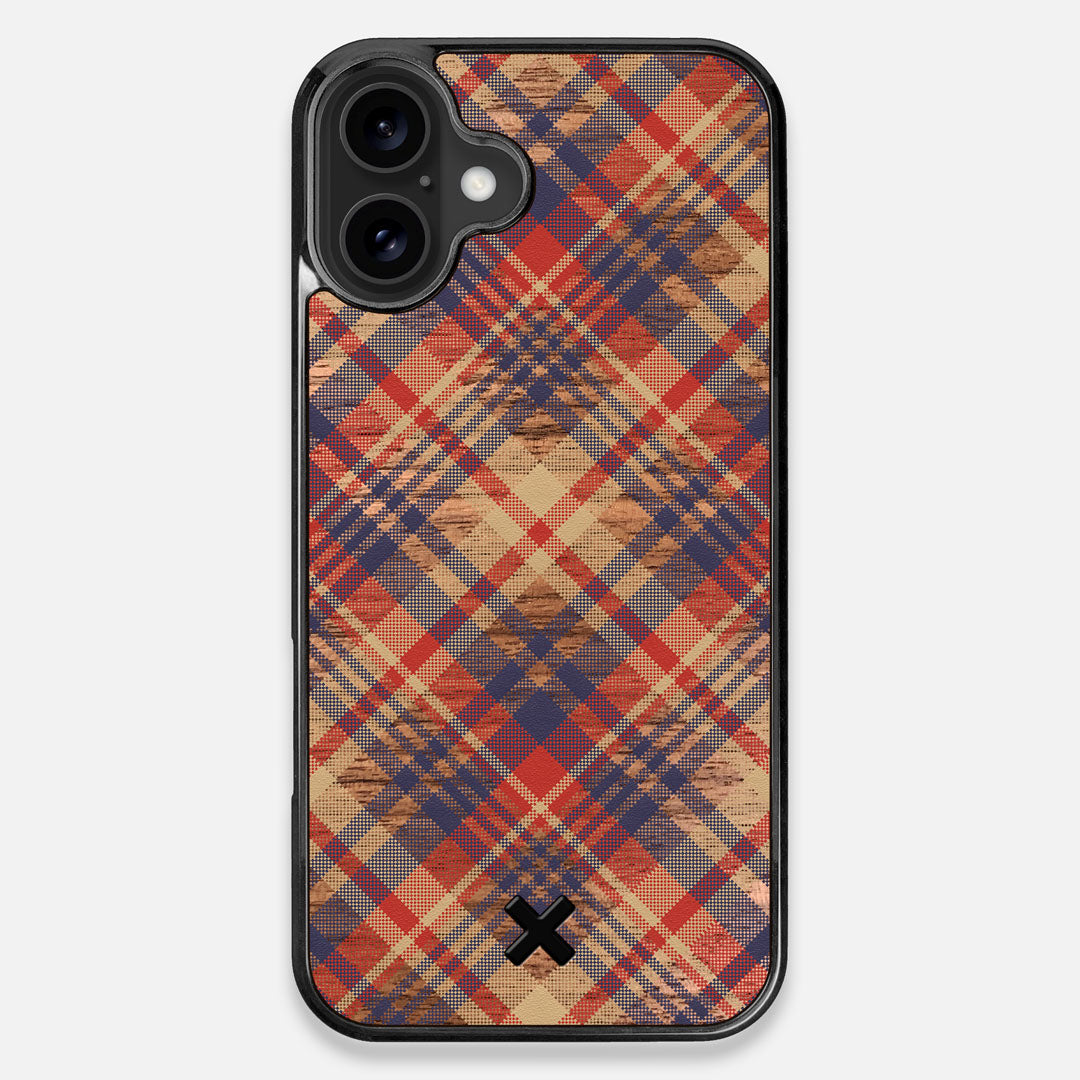 Front view of the Tartan print of beige, blue, and red on Walnut wood iPhone 16 Plus MagSafe Case by Keyway Designs