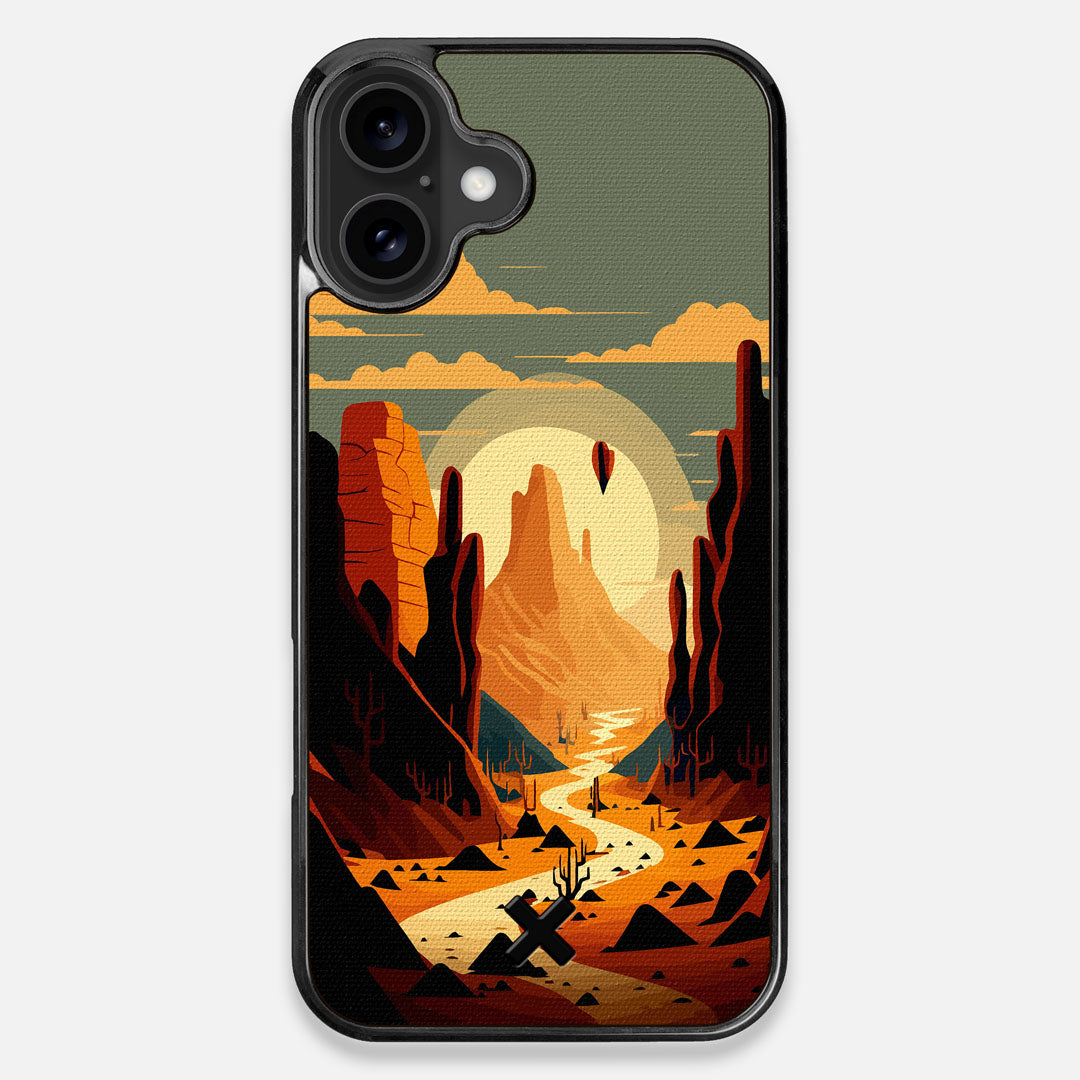 Front view of the stylized thin river cutting deep through a canyon sunset printed on cotton canvas iPhone 16 Plus MagSafe Case by Keyway Designs