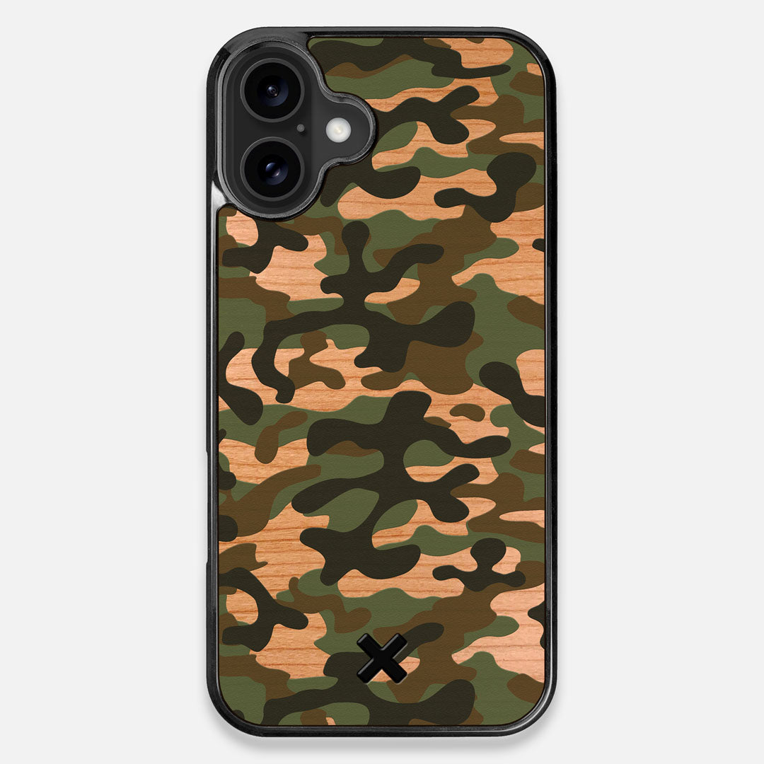 Front view of the stealth Paratrooper camo printed Wenge Wood iPhone 16 Plus MagSafe Case by Keyway Designs