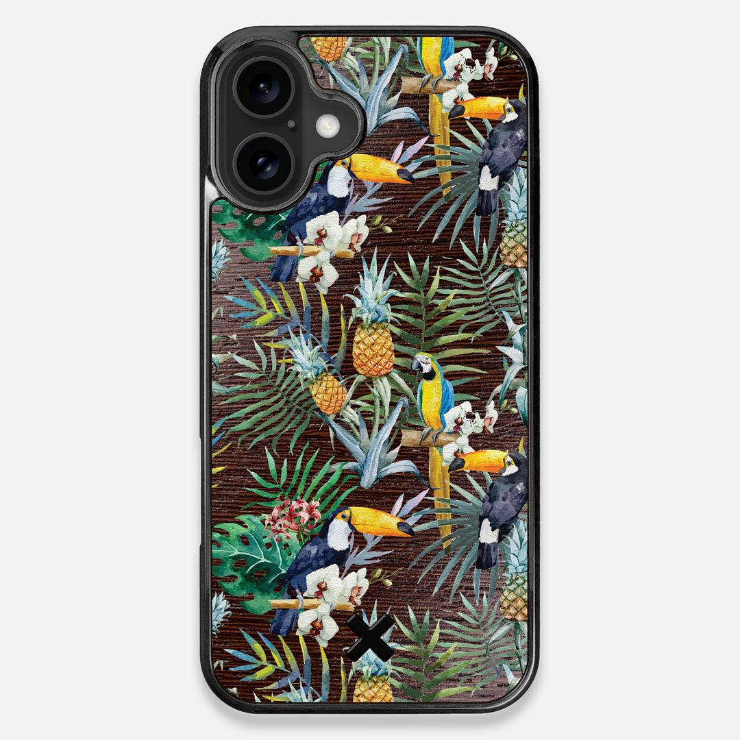 Front view of the Tropic Toucan and leaf printed Wenge Wood iPhone 16 Plus MagSafe Case by Keyway Designs