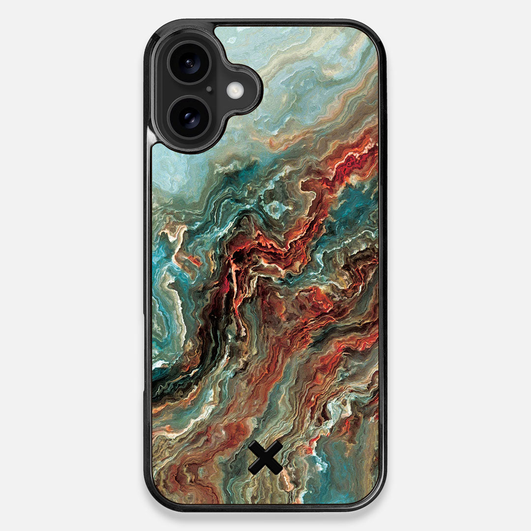 Front view of the vibrant and rich Red & Green flowing marble pattern printed Wenge Wood iPhone 16 Plus MagSafe Case by Keyway Designs