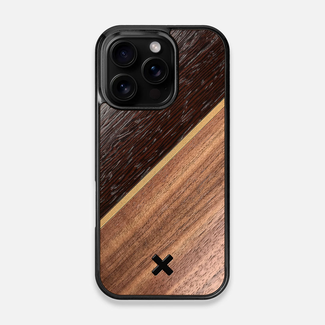 Front view of the Alium Walnut, Gold, and Wenge Elegant Wood iPhone 16 Pro MagSafe Case by Keyway Designs