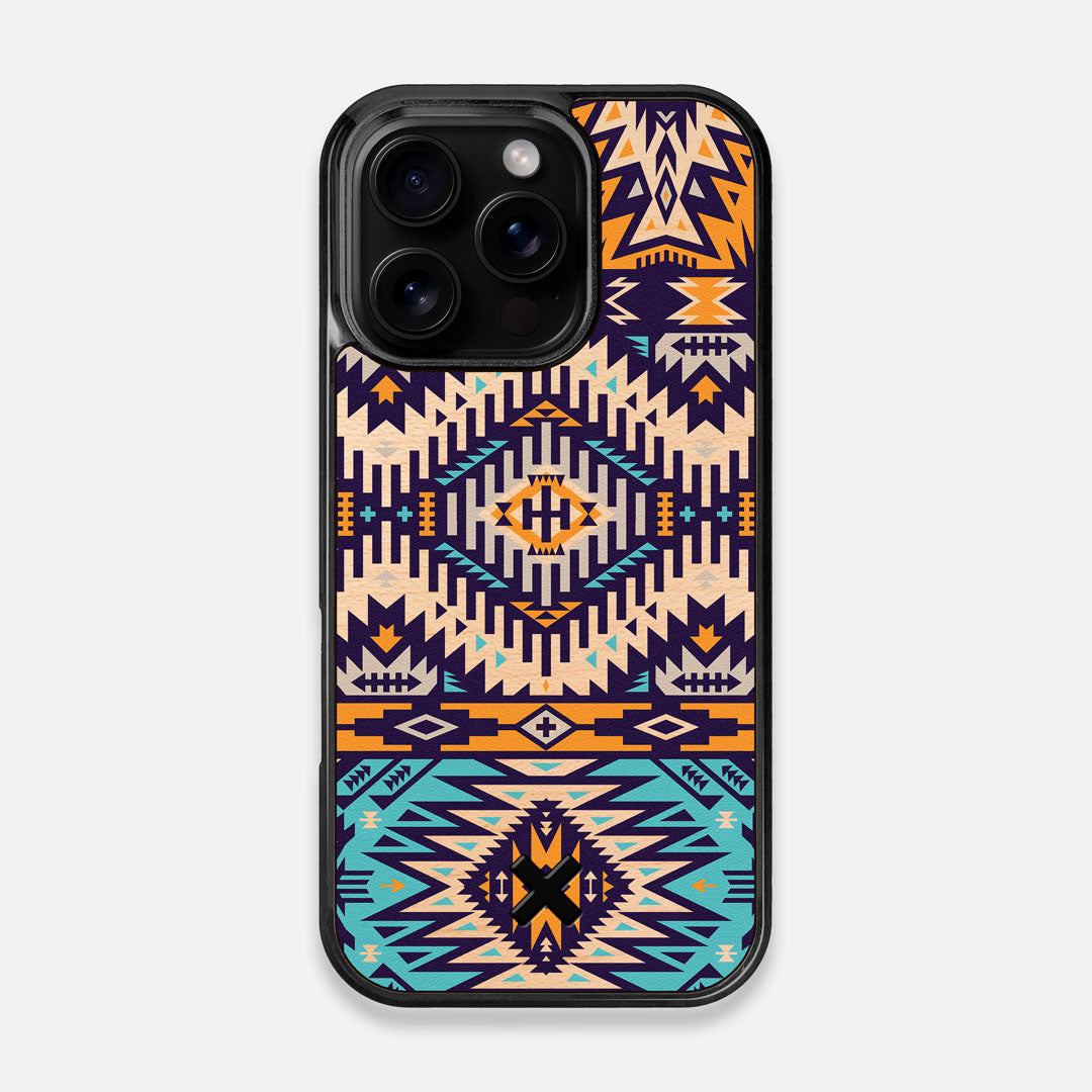 Front view of the vibrant Aztec printed Maple Wood iPhone 16 Pro MagSafe Case by Keyway Designs