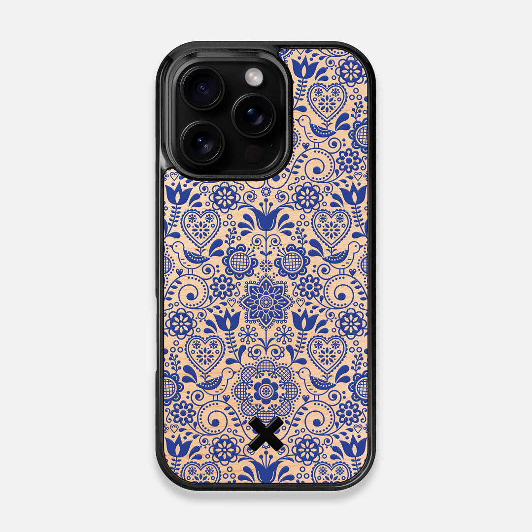 Front view of the blue floral pattern on maple wood iPhone 16 Pro MagSafe Case by Keyway Designs