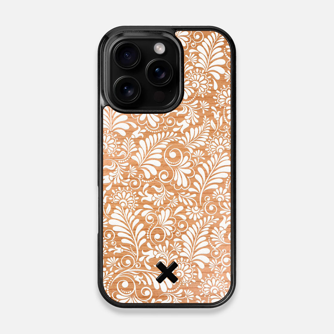 Front view of the white ink flowing botanical print on Cherry wood iPhone 16 Pro MagSafe Case by Keyway Designs