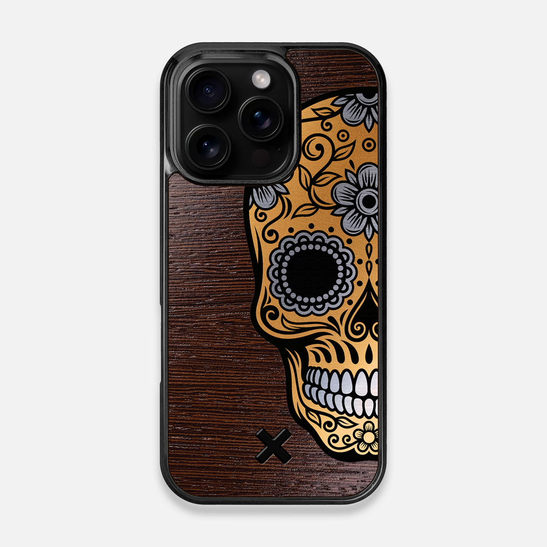 Front view of the Calavera Wood Sugar Skull Wood iPhone 16 Pro MagSafe Case by Keyway Designs