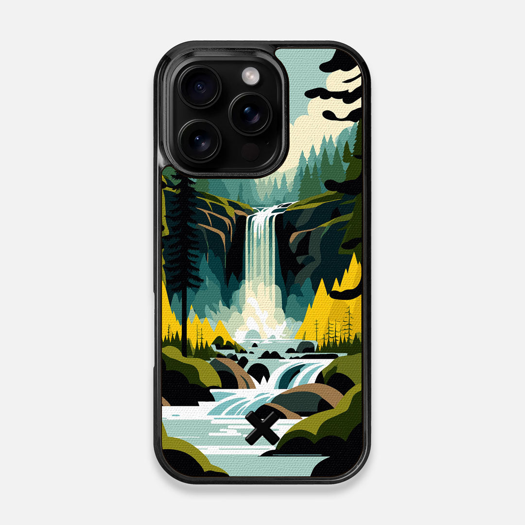 Front view of the stylized peaceful forest waterfall making it's way through the rocks printed to cotton canvas iPhone 16 Pro MagSafe Case by Keyway Designs