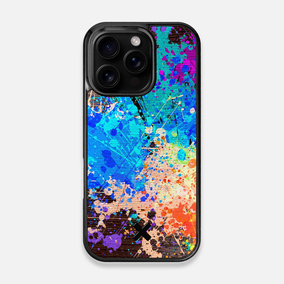 Front view of the realistic paint splatter 'Chroma' printed Wenge Wood iPhone 16 Pro MagSafe Case by Keyway Designs