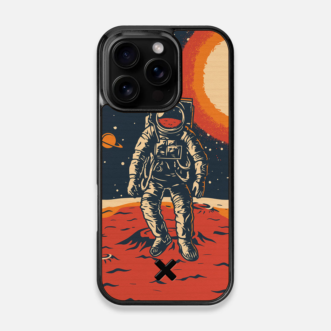 Front view of the stylized astronaut space-walk print on Cherry wood iPhone 16 Pro MagSafe Case by Keyway Designs