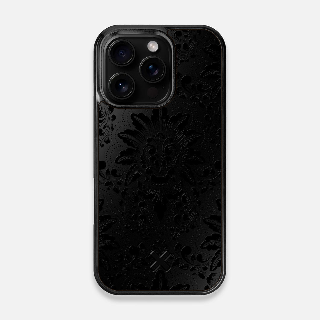 Front view of the detailed gloss Damask pattern printed on matte black impact acrylic iPhone 16 Pro MagSafe Case by Keyway Designs