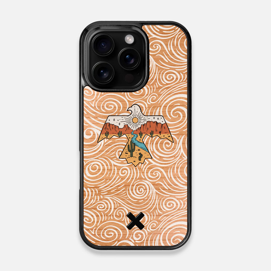 Front view of the double-exposure style eagle over flowing gusts of wind printed on Cherry wood iPhone 16 Pro MagSafe Case by Keyway Designs