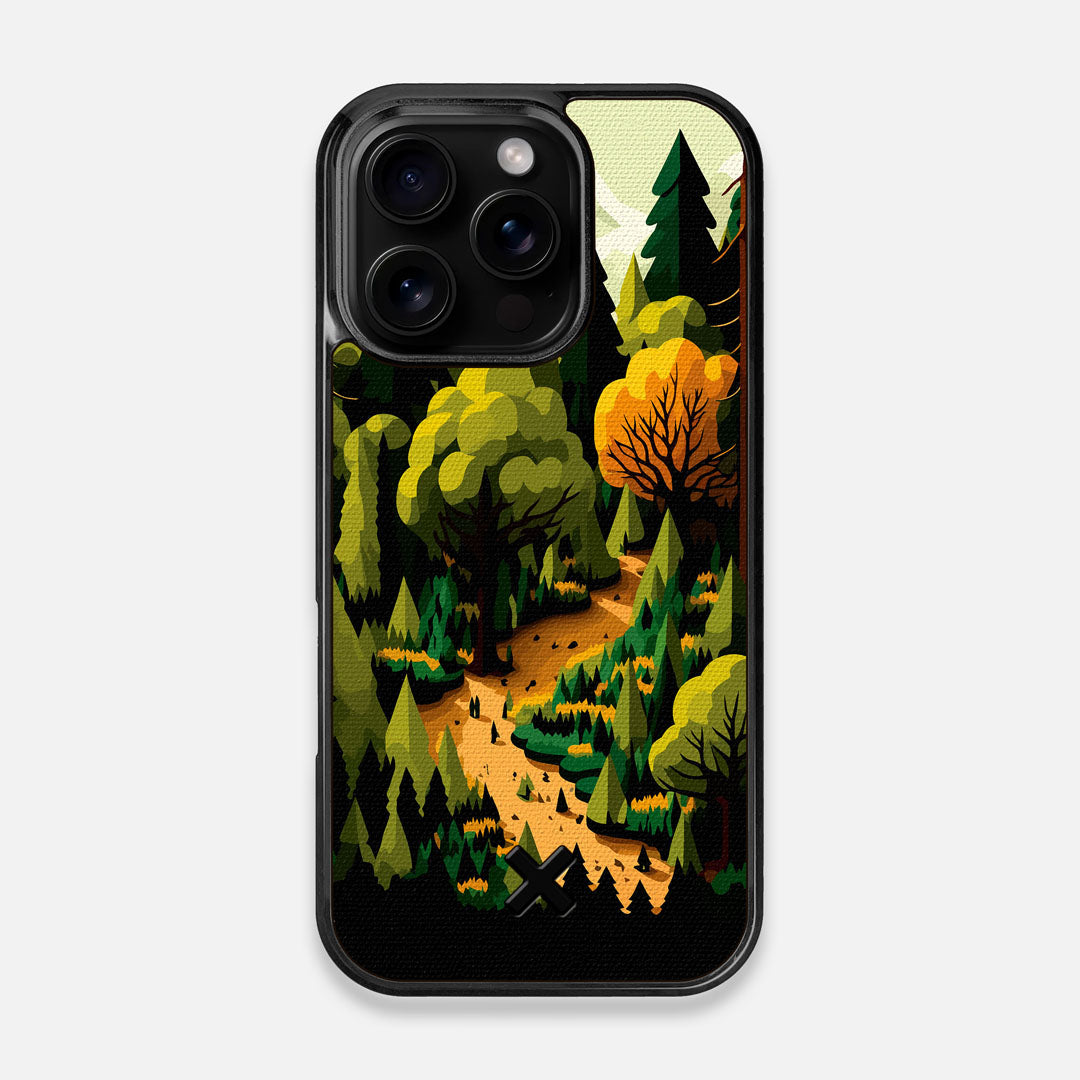 Front view of the stylized quiet forest path making it's way through the evergreen trees printed to cotton canvas iPhone 16 Pro MagSafe Case by Keyway Designs