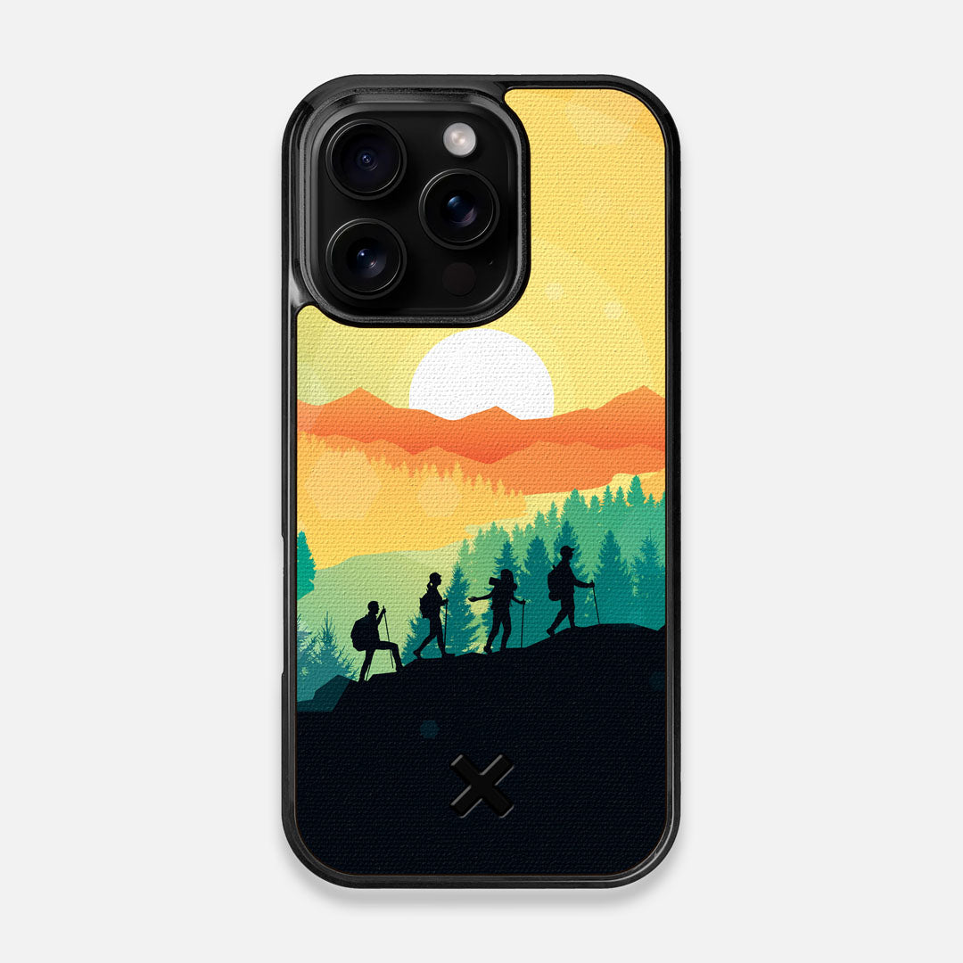 Front view of the stylized group of travellers on an expedition in the mountains printed to cotton canvas iPhone 16 Pro MagSafe Case by Keyway Designs