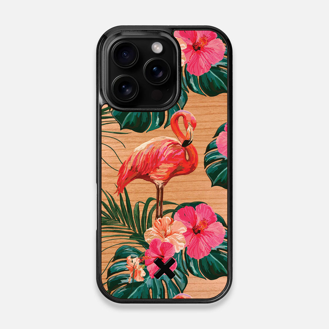 Front view of the Flamingo & Floral printed Cherry Wood iPhone 16 Pro MagSafe Case by Keyway Designs