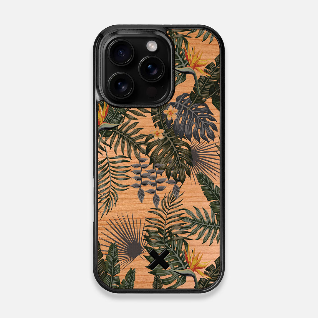 Front view of the Floral tropical leaf printed Cherry Wood iPhone 16 Pro MagSafe Case by Keyway Designs