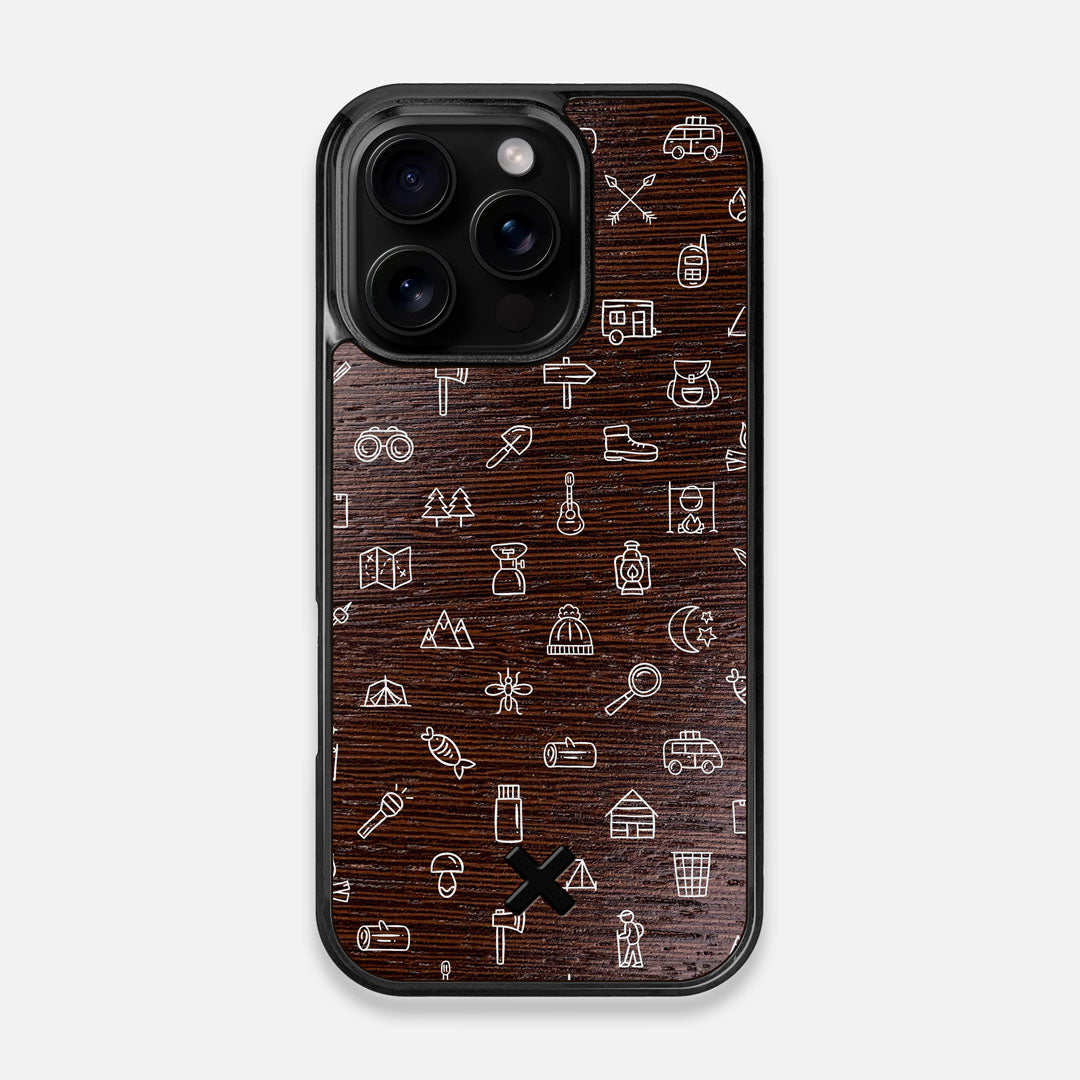 Front view of the fun detailed camping icon print on Wenge wood iPhone 16 Pro MagSafe Case by Keyway Designs