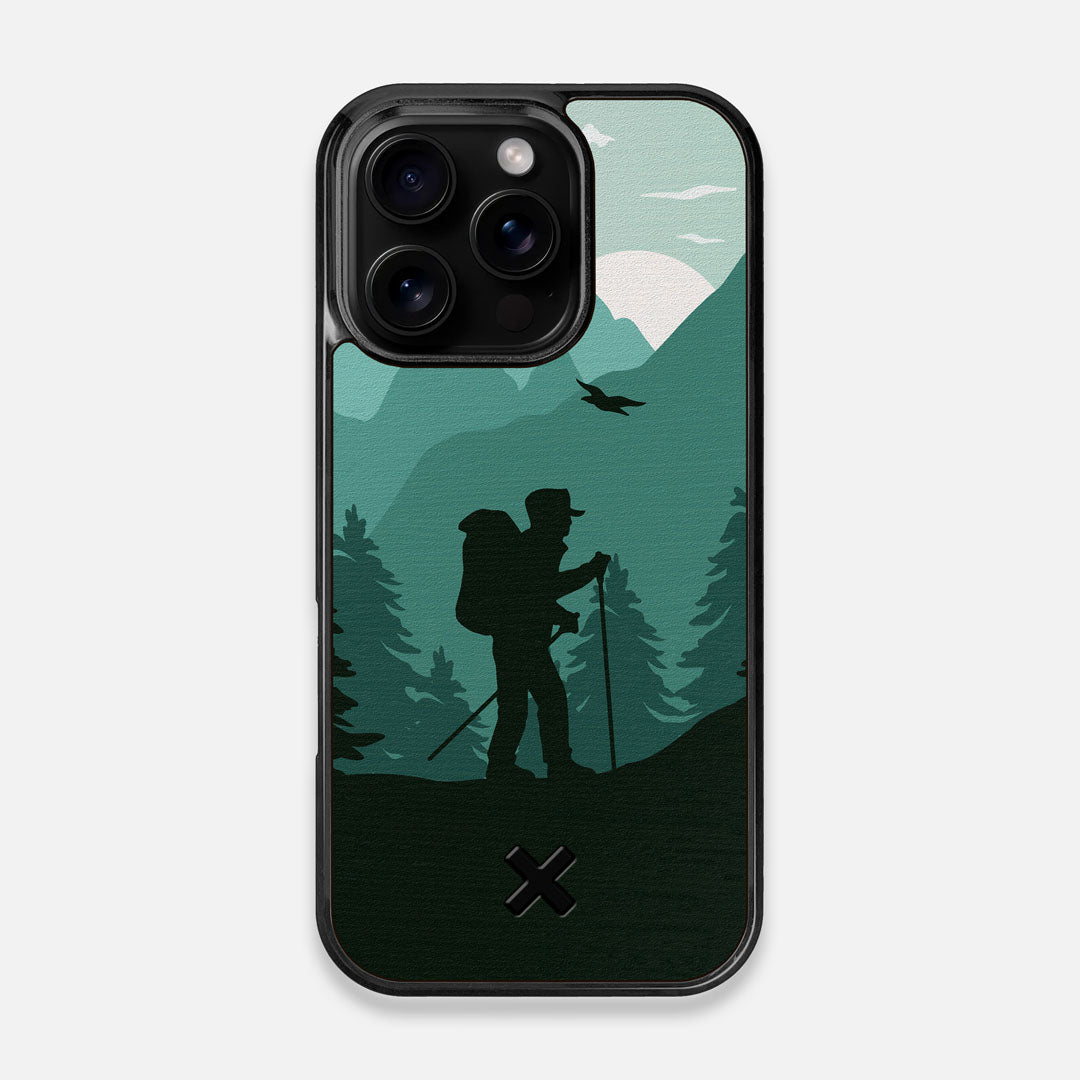 Front view of the stylized mountain hiker print on Wenge wood iPhone 16 Pro MagSafe Case by Keyway Designs