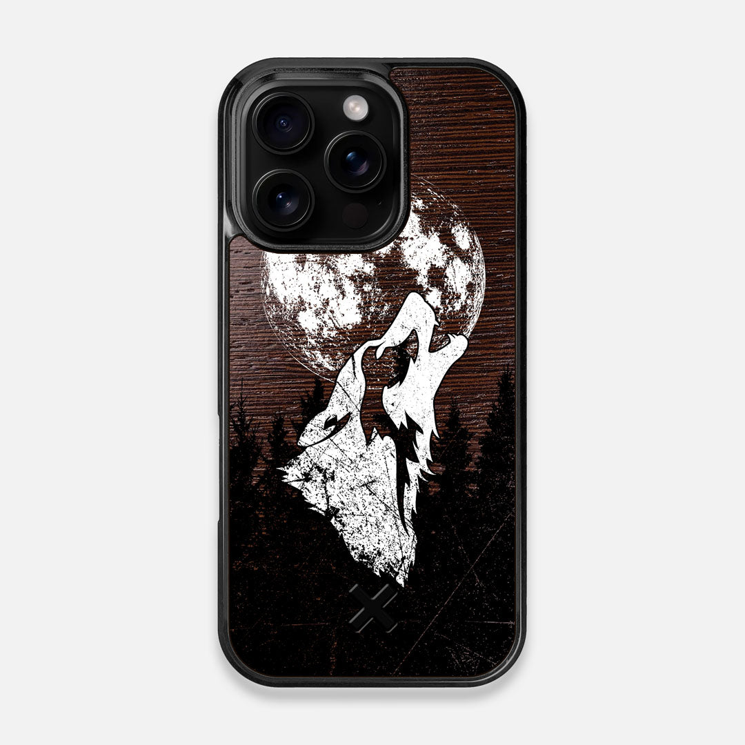 Front view of the high-contrast howling wolf on a full moon printed on a Wenge Wood iPhone 16 Pro MagSafe Case by Keyway Designs