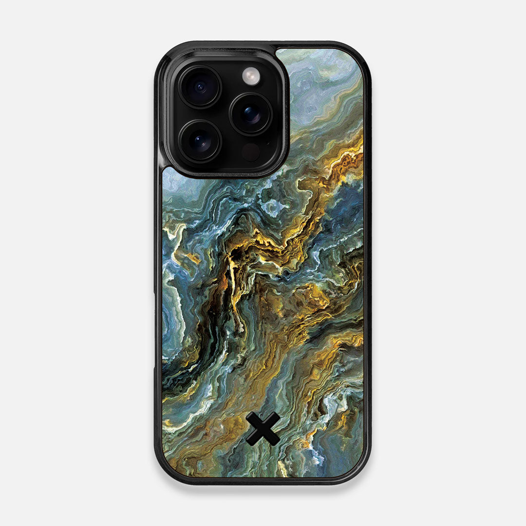 Front view of the vibrant and rich Blue & Gold flowing marble pattern printed Wenge Wood iPhone 16 Pro MagSafe Case by Keyway Designs