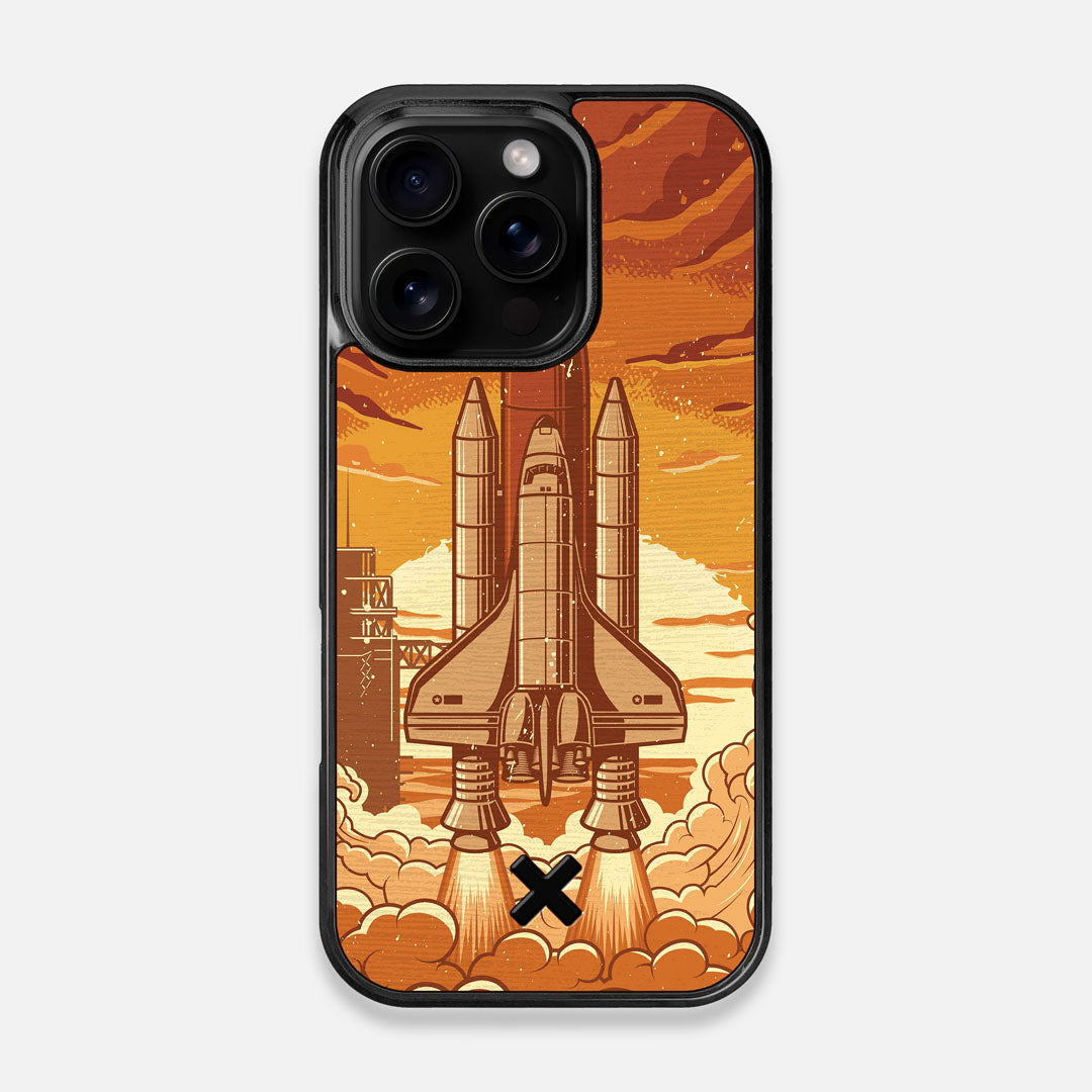 Front view of the vibrant stylized space shuttle launch print on Wenge wood iPhone 16 Pro MagSafe Case by Keyway Designs