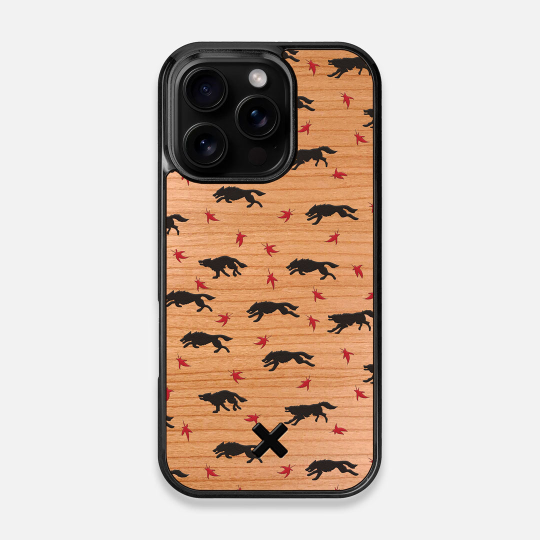 Front view of the unique pattern of wolves and Maple leaves printed on Cherry wood iPhone 16 Pro MagSafe Case by Keyway Designs