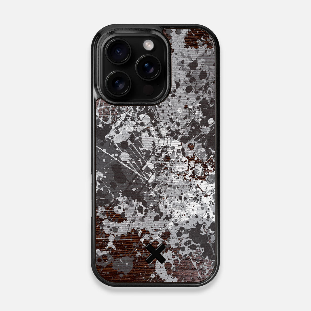 Front view of the aggressive, monochromatic splatter pattern overprintedprinted Wenge Wood iPhone 16 Pro MagSafe Case by Keyway Designs