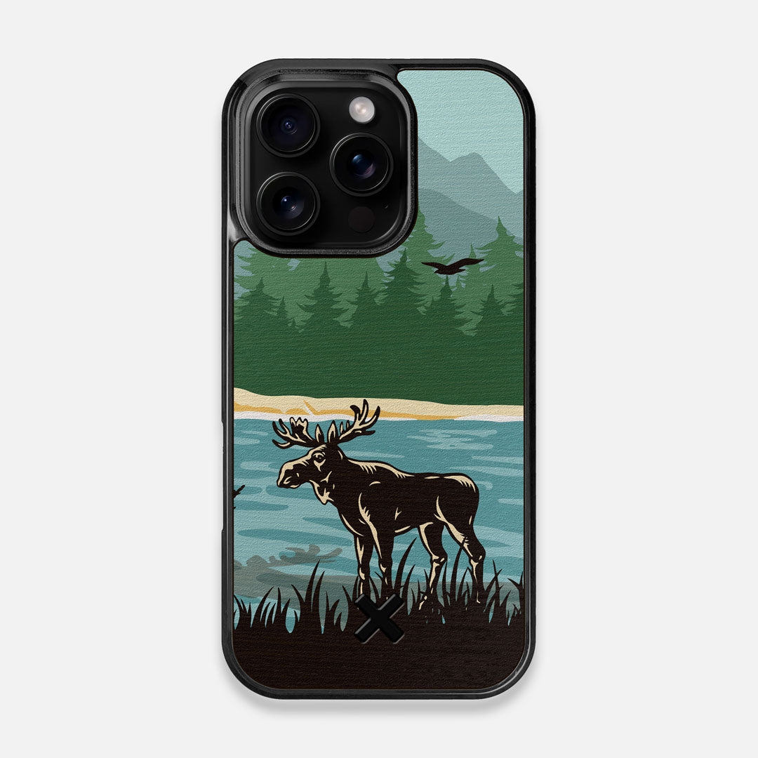 Front view of the stylized bull moose forest print on Wenge wood iPhone 16 Pro MagSafe Case by Keyway Designs