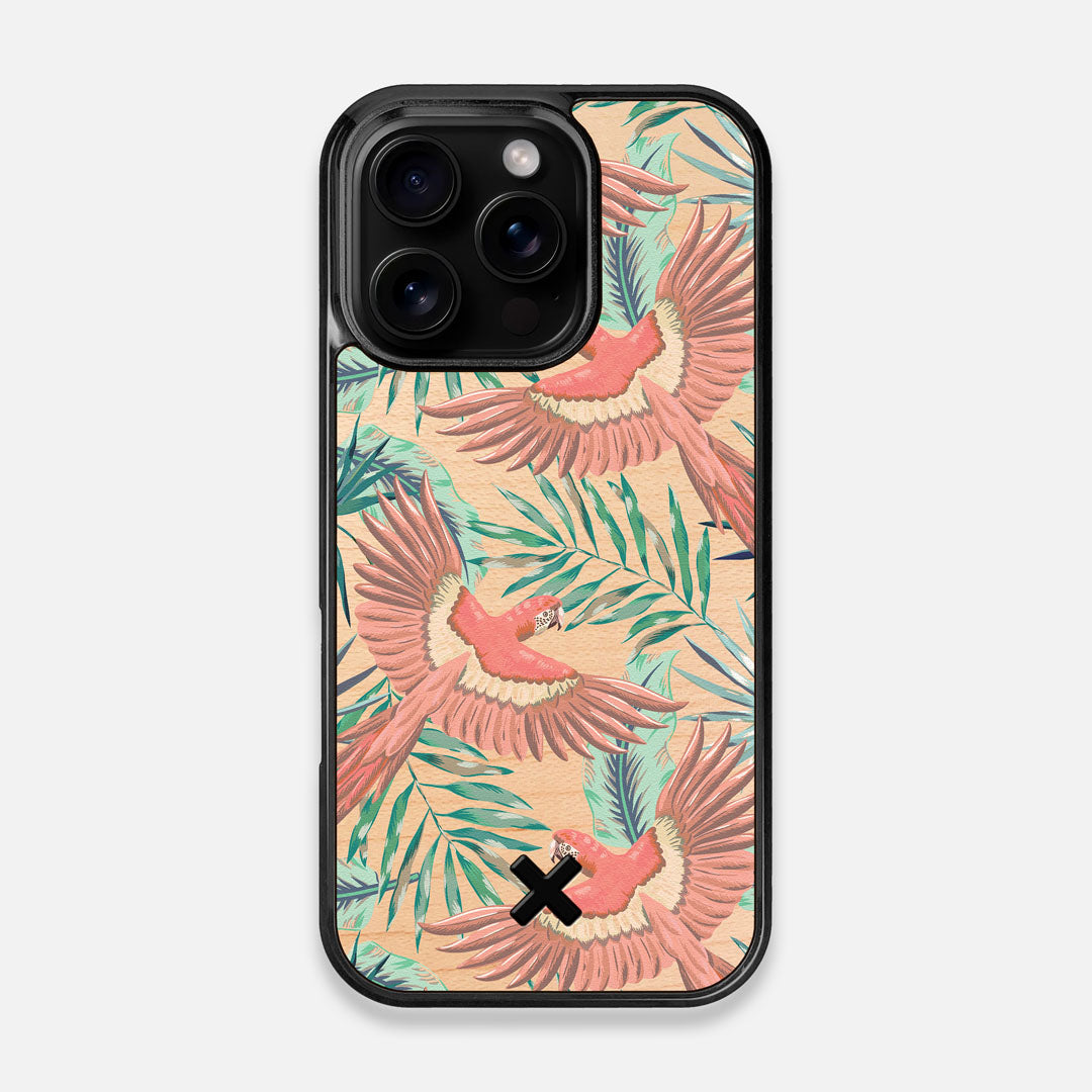 Front view of the Paradise Macaw and Tropical Leaf printed Maple Wood iPhone 16 Pro MagSafe Case by Keyway Designs