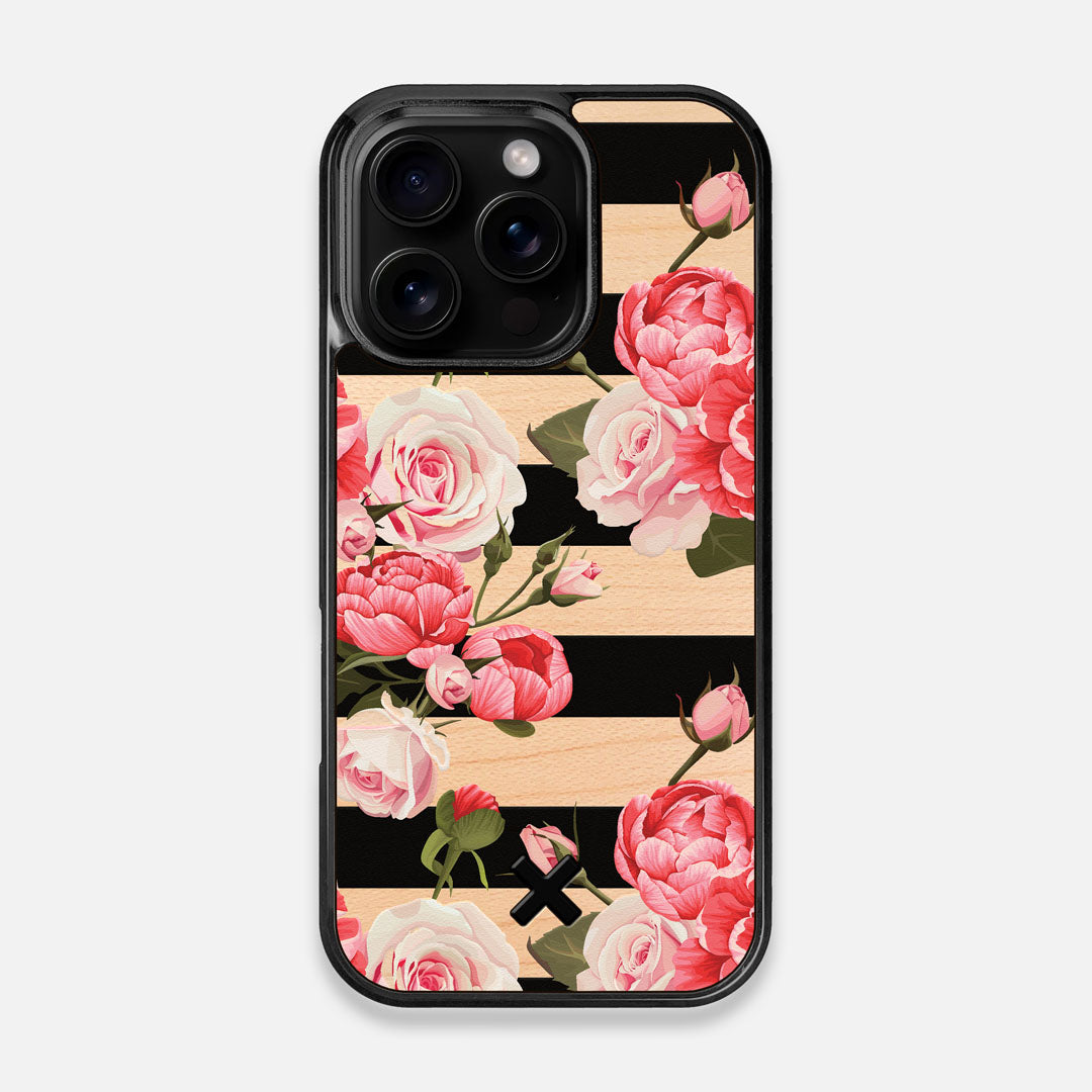 Front view of the artsy print of stripes with peonys and roses on Maple wood iPhone 16 Pro MagSafe Case by Keyway Designs