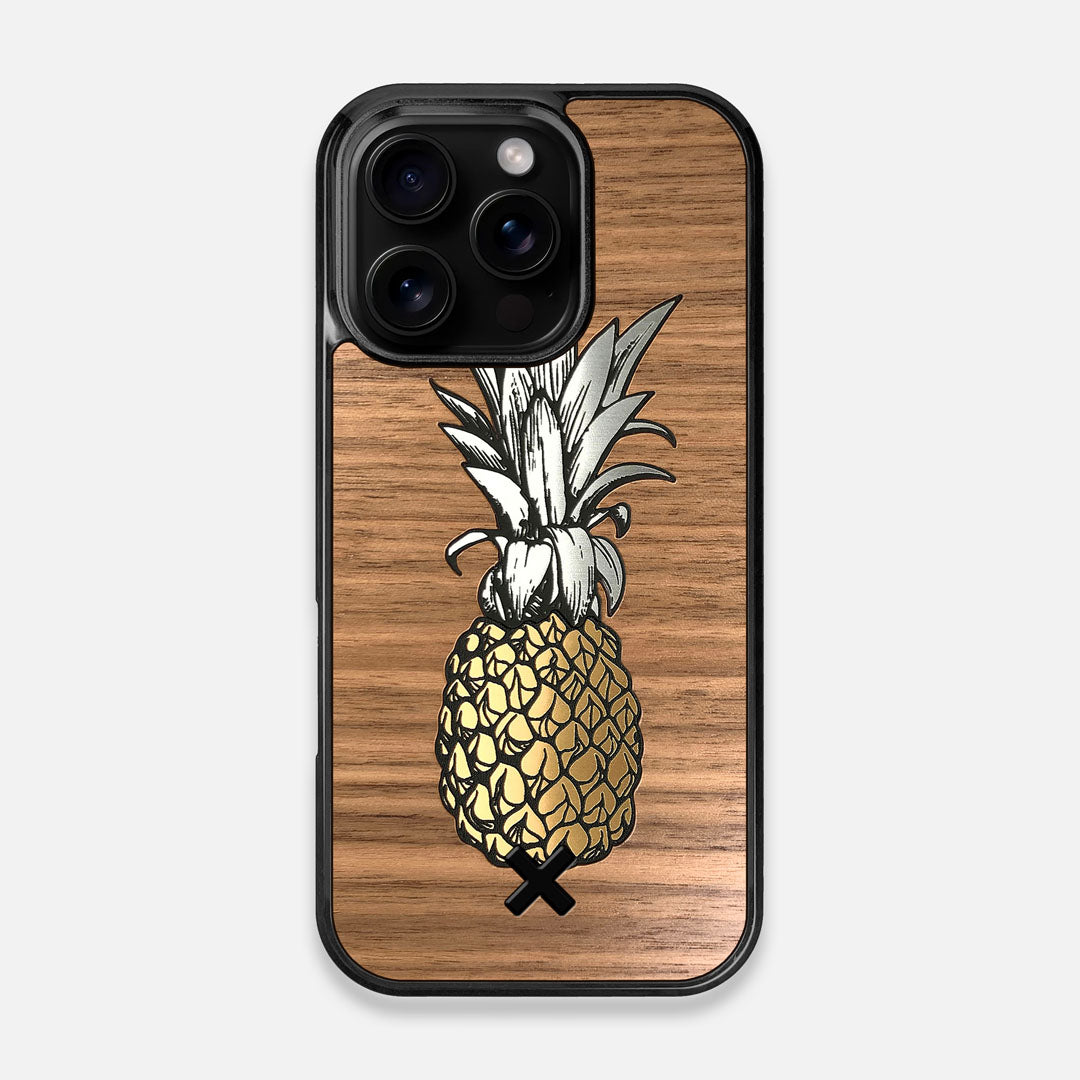 Front view of the Pineapple Walnut Wood iPhone 16 Pro MagSafe Case by Keyway Designs