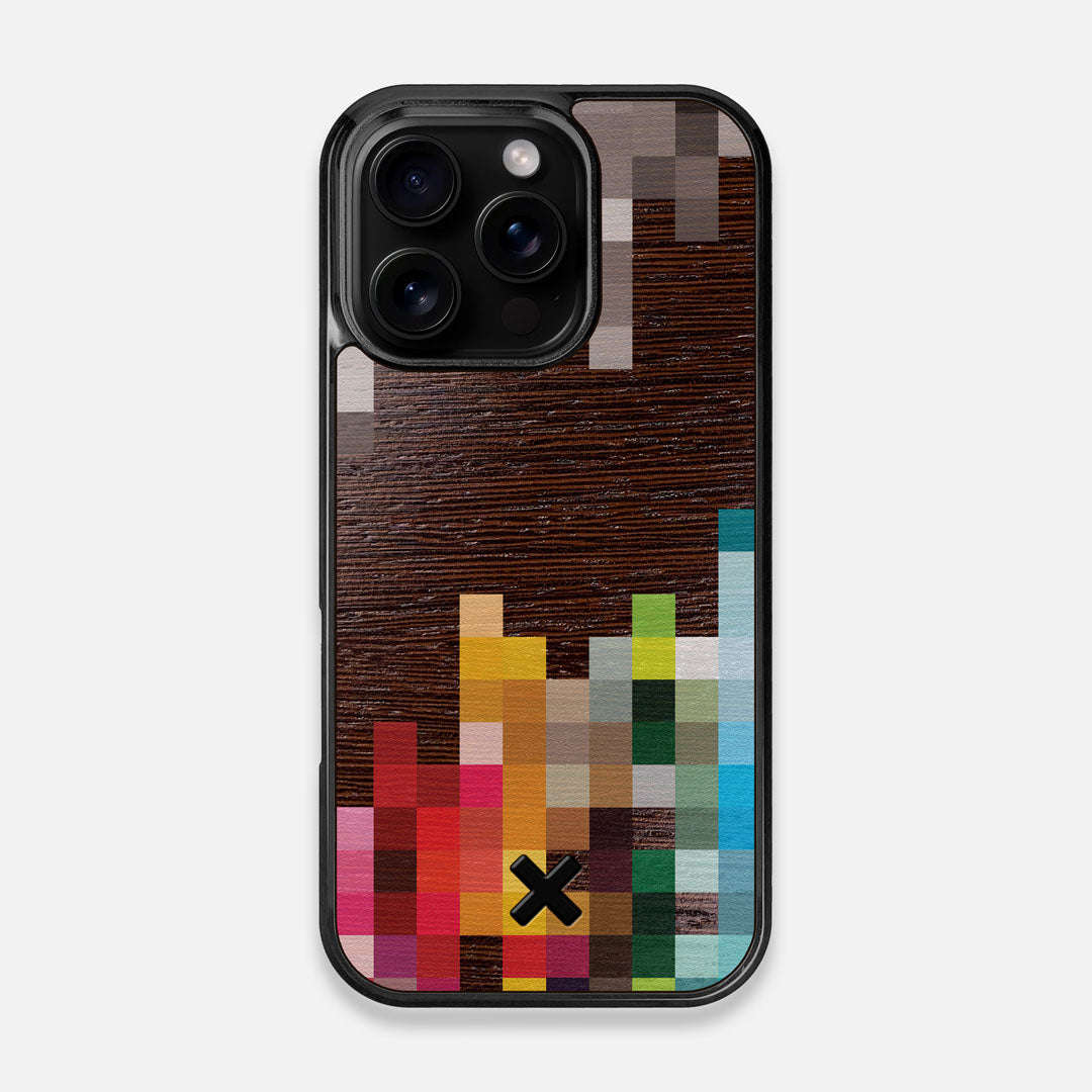 Front view of the digital art inspired pixelation design on Wenge wood iPhone 16 Pro MagSafe Case by Keyway Designs