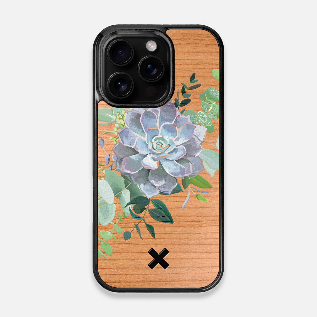 Front view of the print centering around a succulent, Echeveria Pollux on Cherry wood iPhone 16 Pro MagSafe Case by Keyway Designs