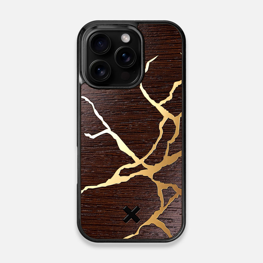 Front view of the Kintsugi inspired Gold and Wenge Wood iPhone 16 Pro MagSafe Case by Keyway Designs