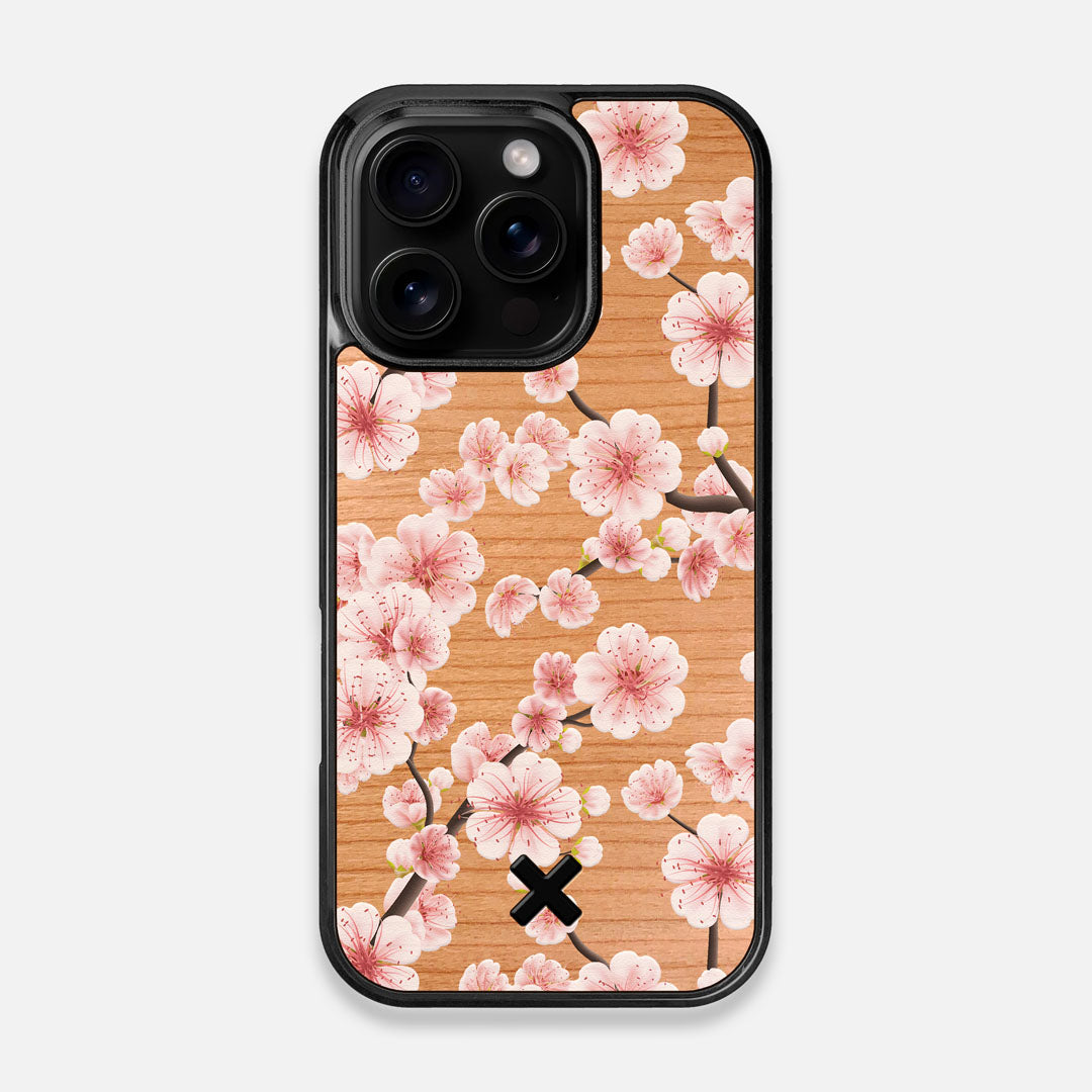 Front view of the Sakura Printed Cherry-blossom Cherry Wood iPhone 16 Pro MagSafe Case by Keyway Designs