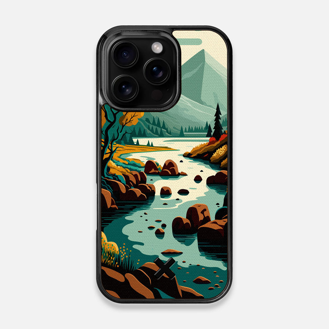 Front view of the stylized calm river flowing towards a lake at the base of the mountains printed to cotton canvas iPhone 16 Pro MagSafe Case by Keyway Designs