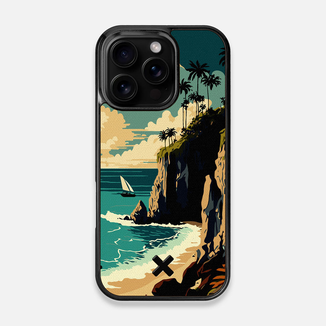 Front view of the stylized seaside bluff with the ocean waves crashing on the shore printed on cotton canvas iPhone 16 Pro MagSafe Case by Keyway Designs