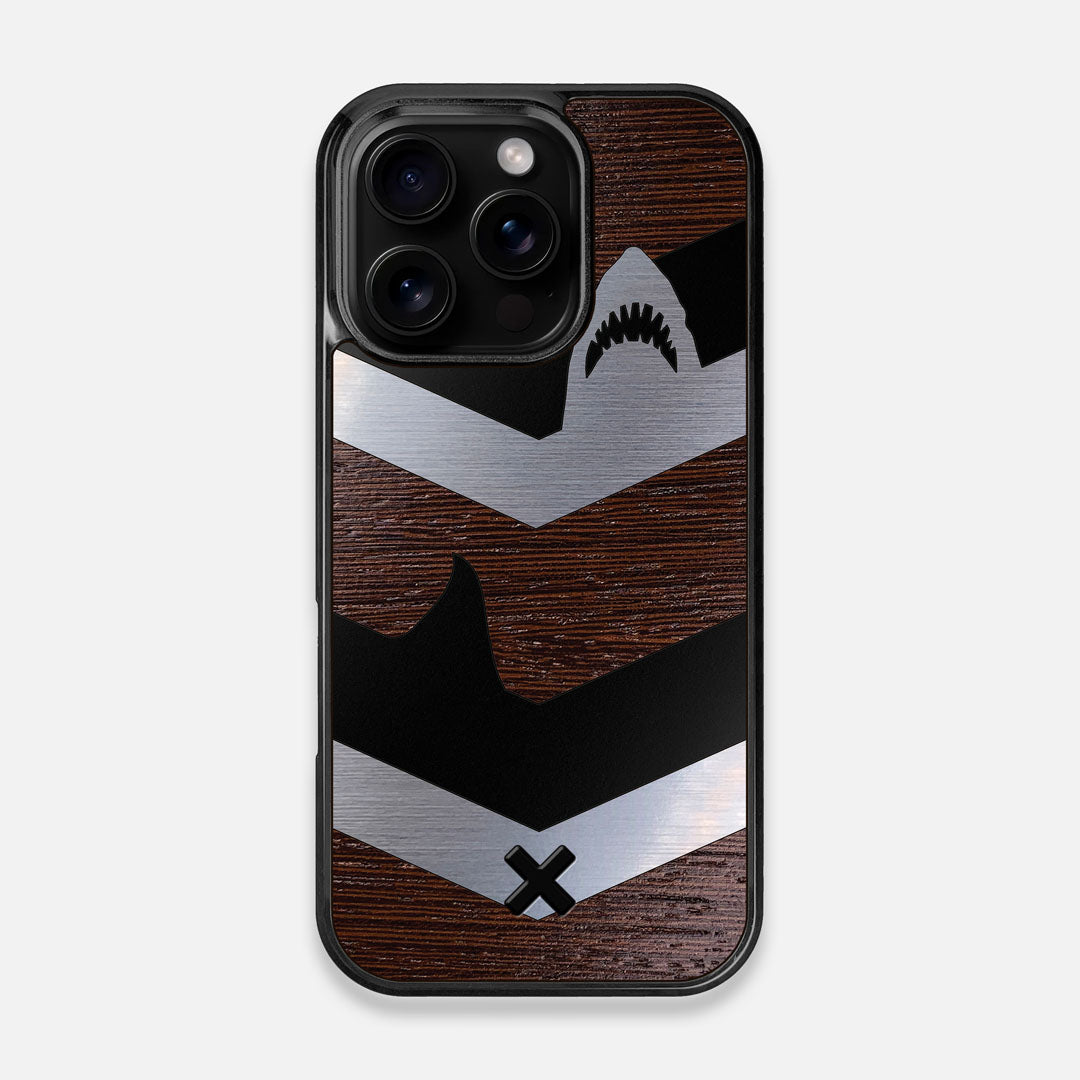 Front view of the Shark Chevron Dark By Parker Barrow Wenge Wood iPhone 16 Pro MagSafe Case by Keyway Designs