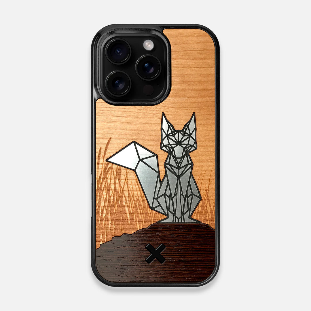 Front view of the Silver Fox & Cherry Wood iPhone 16 Pro MagSafe Case by Keyway Designs