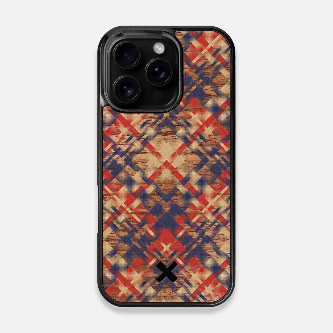 Front view of the Tartan print of beige, blue, and red on Walnut wood iPhone 16 Pro MagSafe Case by Keyway Designs