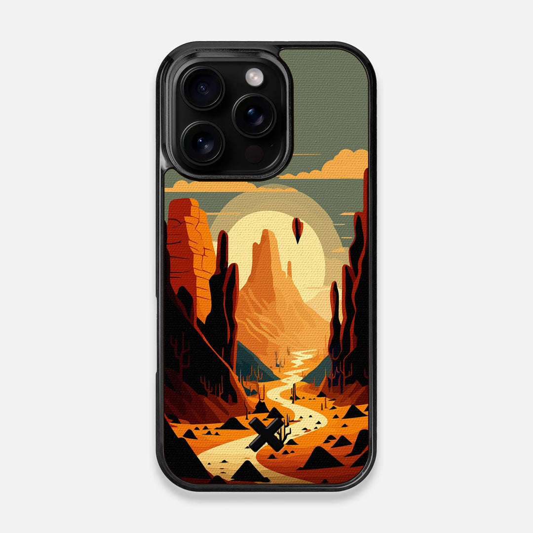 Front view of the stylized thin river cutting deep through a canyon sunset printed on cotton canvas iPhone 16 Pro MagSafe Case by Keyway Designs