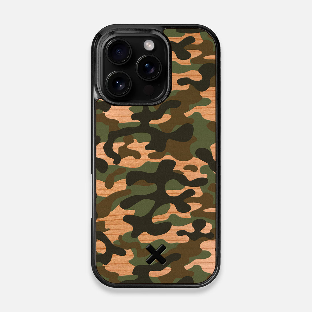 Front view of the stealth Paratrooper camo printed Wenge Wood iPhone 16 Pro MagSafe Case by Keyway Designs