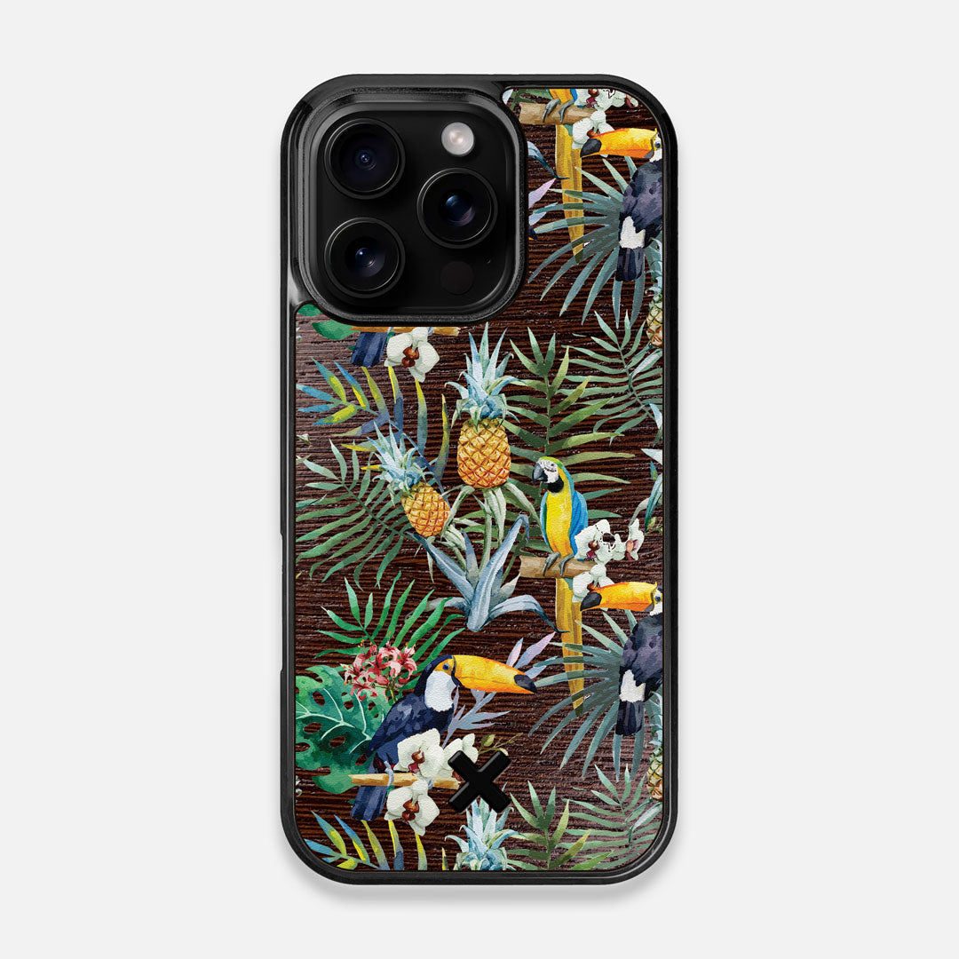 Front view of the Tropic Toucan and leaf printed Wenge Wood iPhone 16 Pro MagSafe Case by Keyway Designs