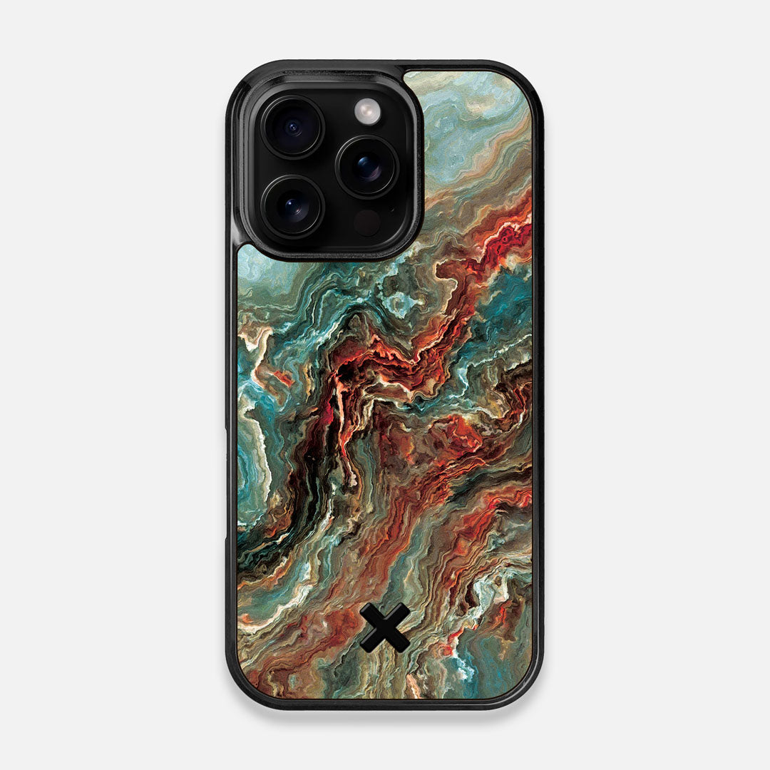 Front view of the vibrant and rich Red & Green flowing marble pattern printed Wenge Wood iPhone 16 Pro MagSafe Case by Keyway Designs