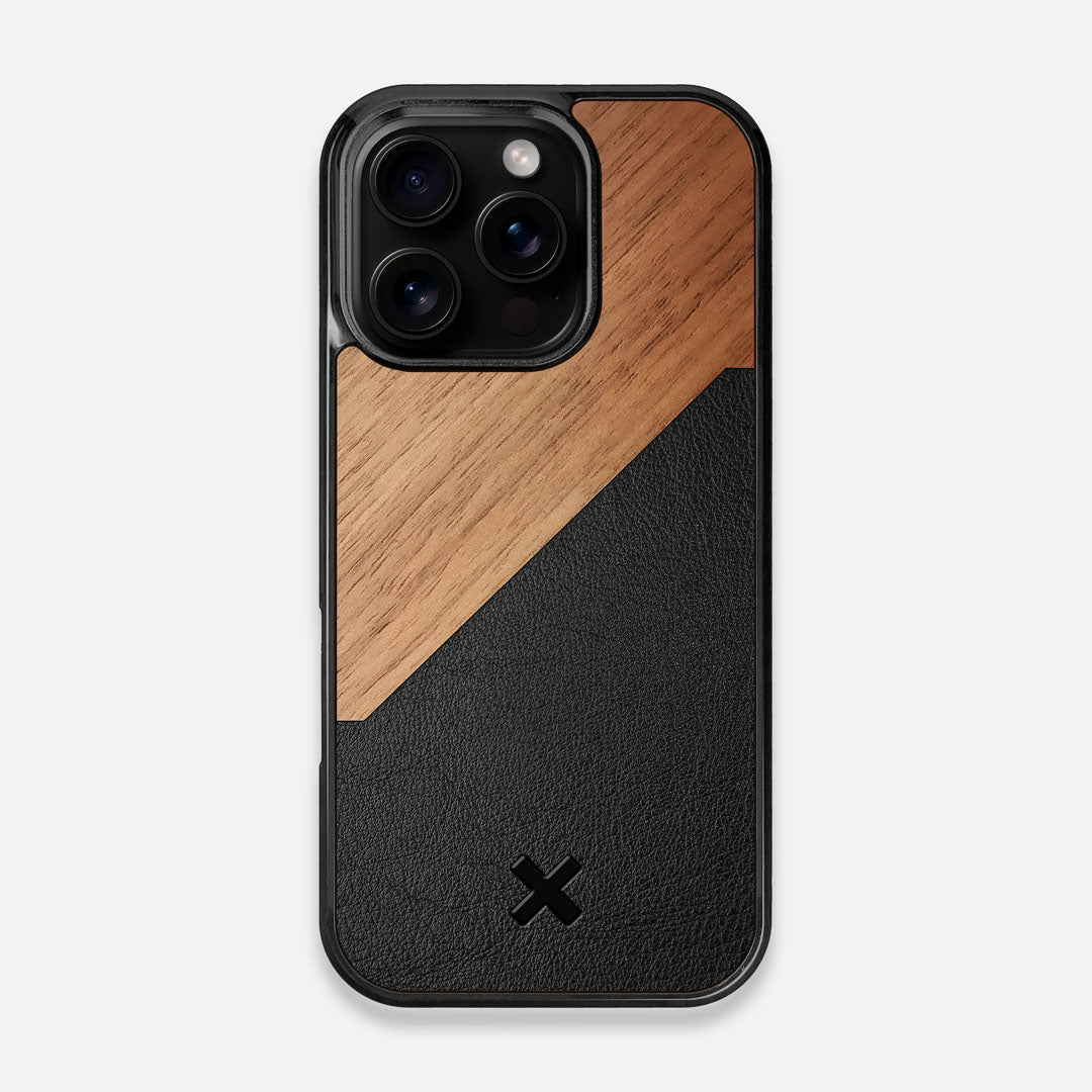 Front view of the Walnut Rift Elegant Wood & Leather iPhone 16 Pro MagSafe Case by Keyway Designs