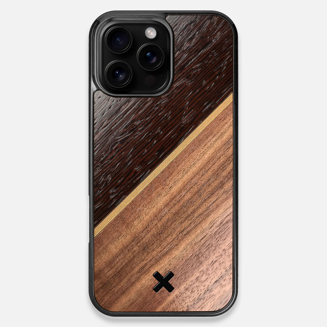 Front view of the Alium Walnut, Gold, and Wenge Elegant Wood iPhone 16 Pro Max MagSafe Case by Keyway Designs