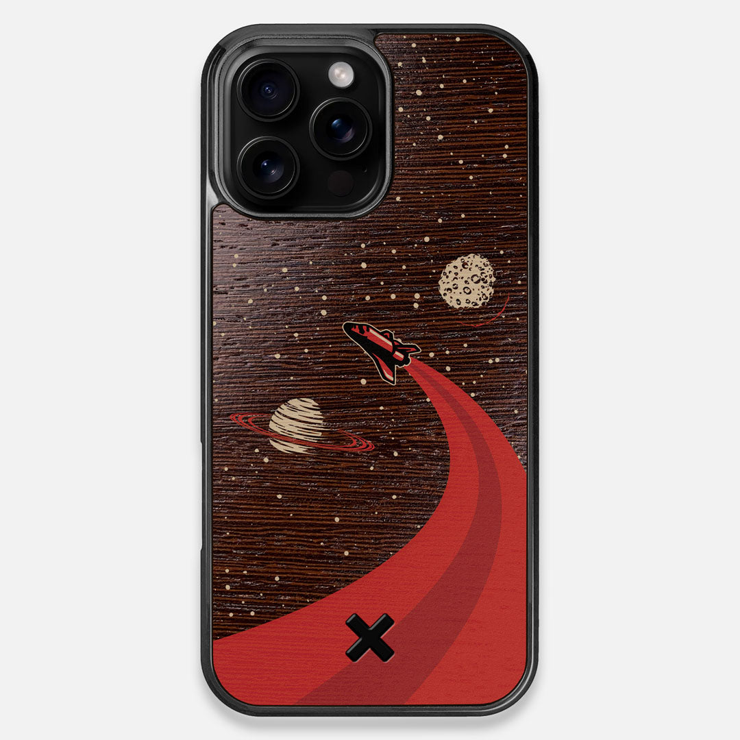 Front view of the stylized space shuttle boosting to saturn printed on Wenge wood iPhone 16 Pro Max MagSafe Case by Keyway Designs