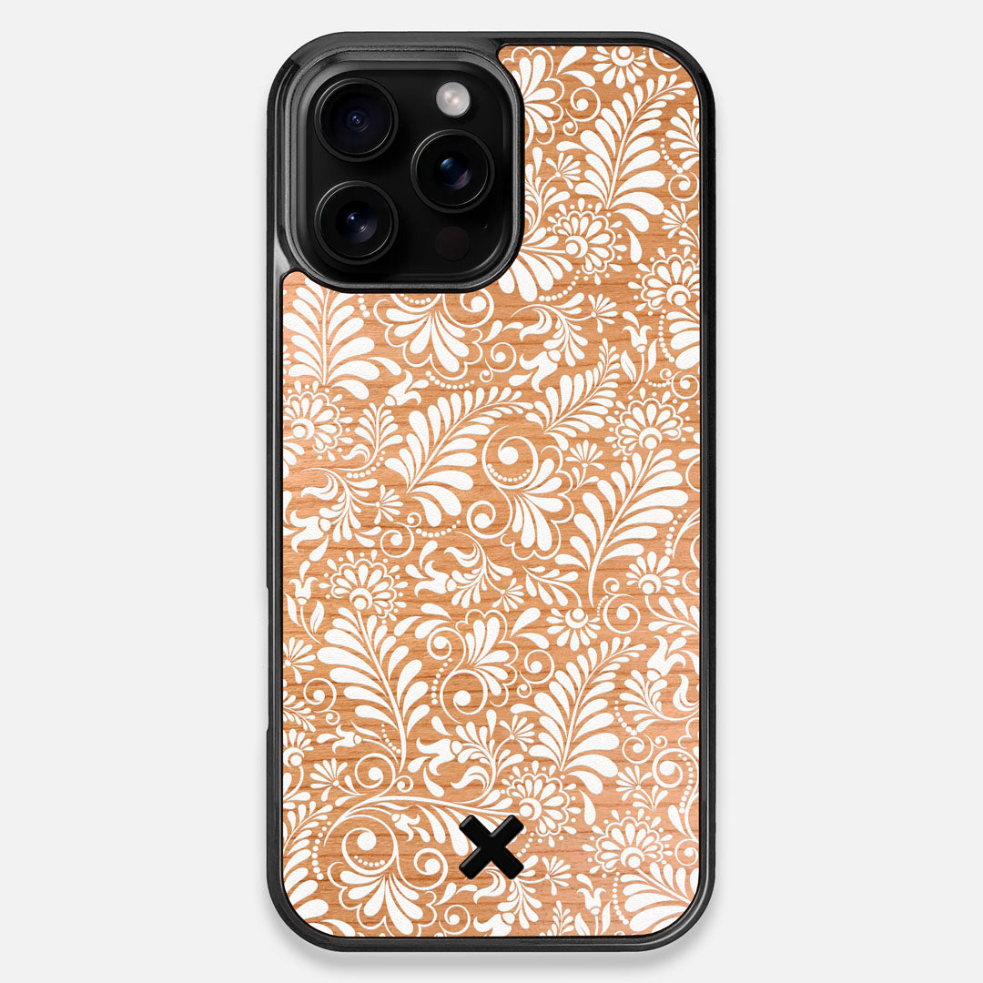 Front view of the white ink flowing botanical print on Cherry wood iPhone 16 Pro Max MagSafe Case by Keyway Designs