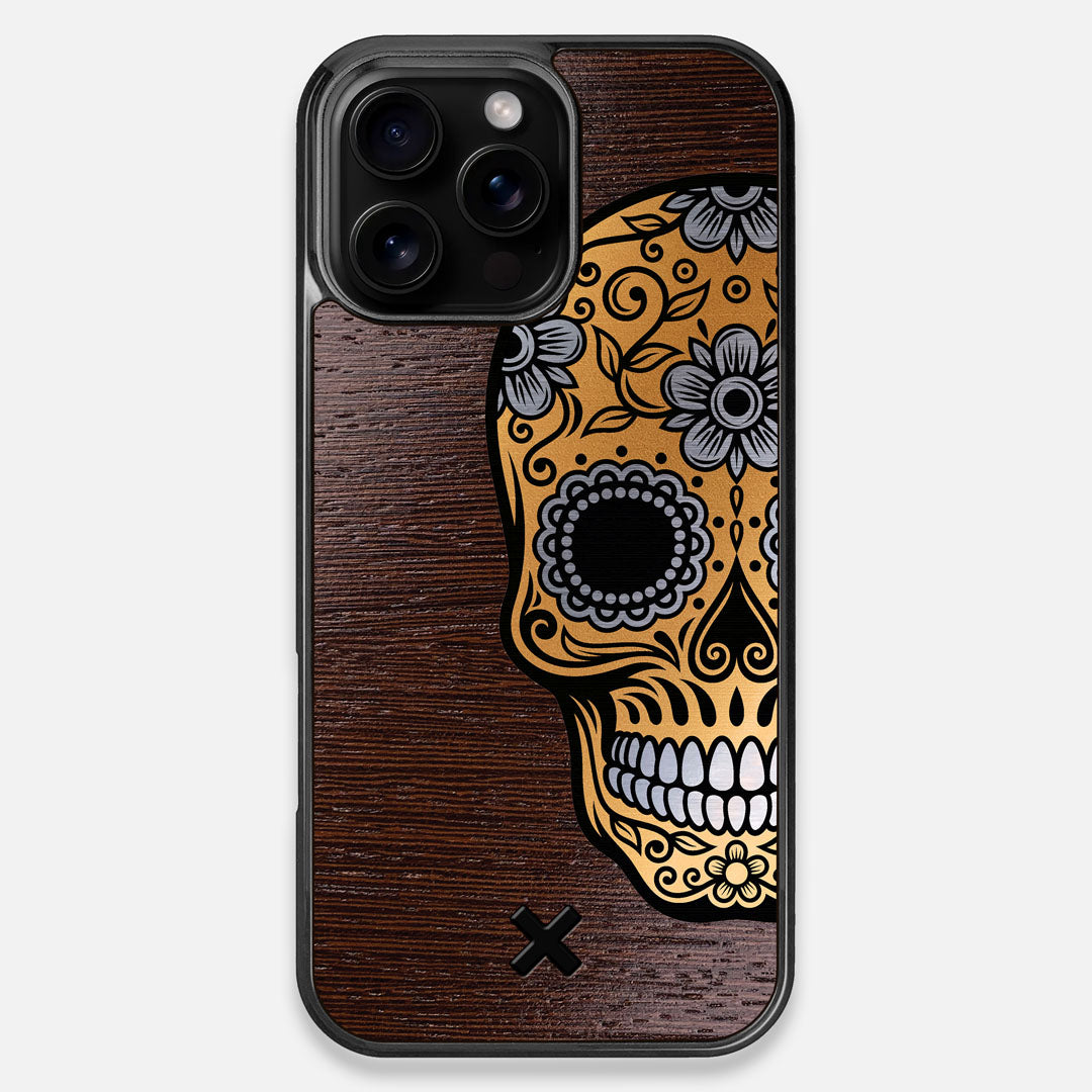 Front view of the Calavera Wood Sugar Skull Wood iPhone 16 Pro Max MagSafe Case by Keyway Designs