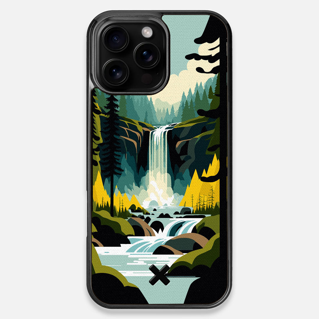 Front view of the stylized peaceful forest waterfall making it's way through the rocks printed to cotton canvas iPhone 16 Pro Max MagSafe Case by Keyway Designs