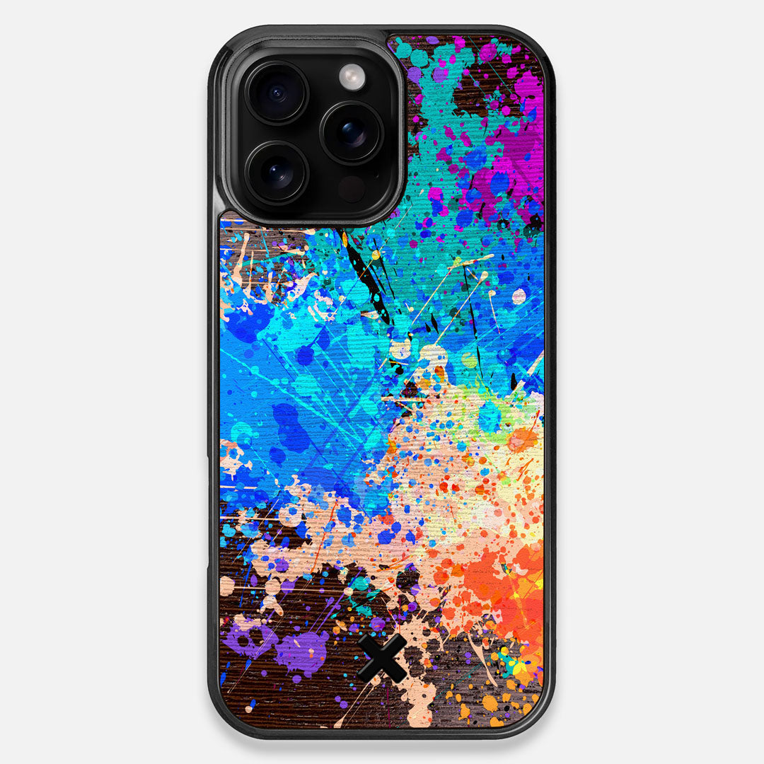 Front view of the realistic paint splatter 'Chroma' printed Wenge Wood iPhone 16 Pro Max MagSafe Case by Keyway Designs